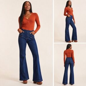 Pilcro Puddle Dark Wash Mid Rise Flare Leg Bell Bottom Jean Stretch 27 Boho